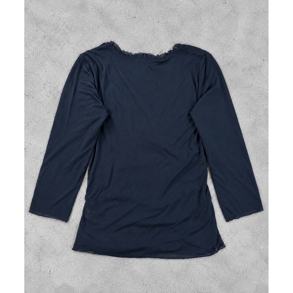 Sigrid Olsen Black Faux Wrap Top Ruffle Mesh Overlay V-Neck 3/4 Sleeve Blouse M - Picture 2 of 9